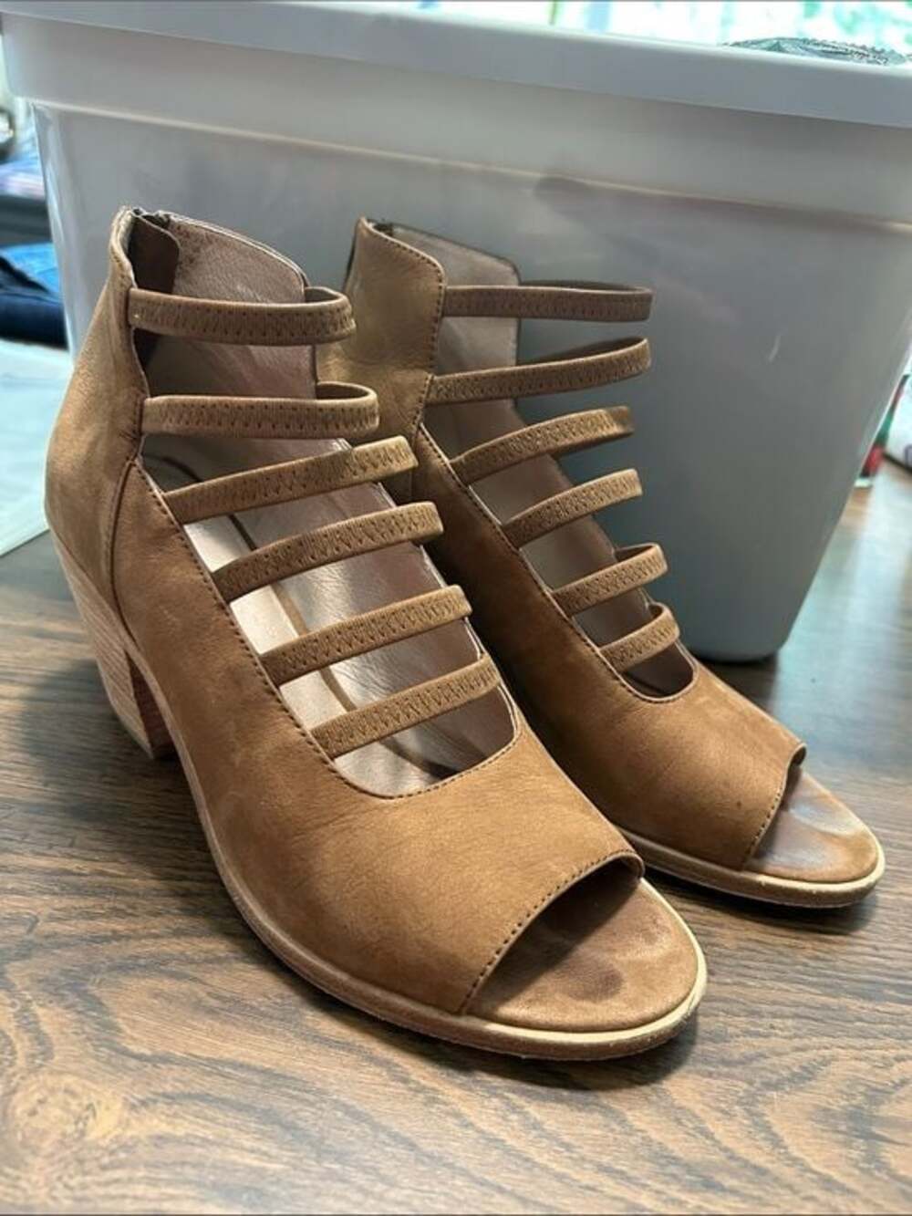 Eileen Fisher Tan Suede Multi-Strap Peep-Toe Block Heels